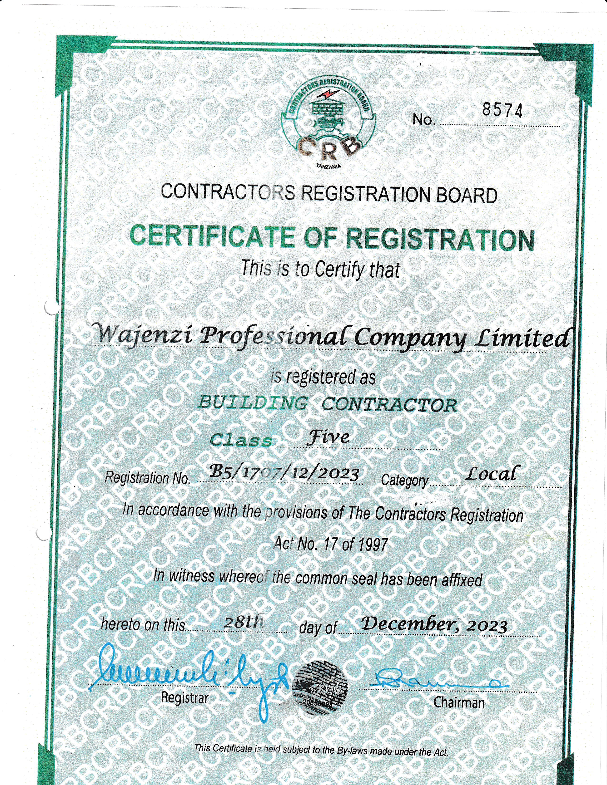 CRB Registration Certificate