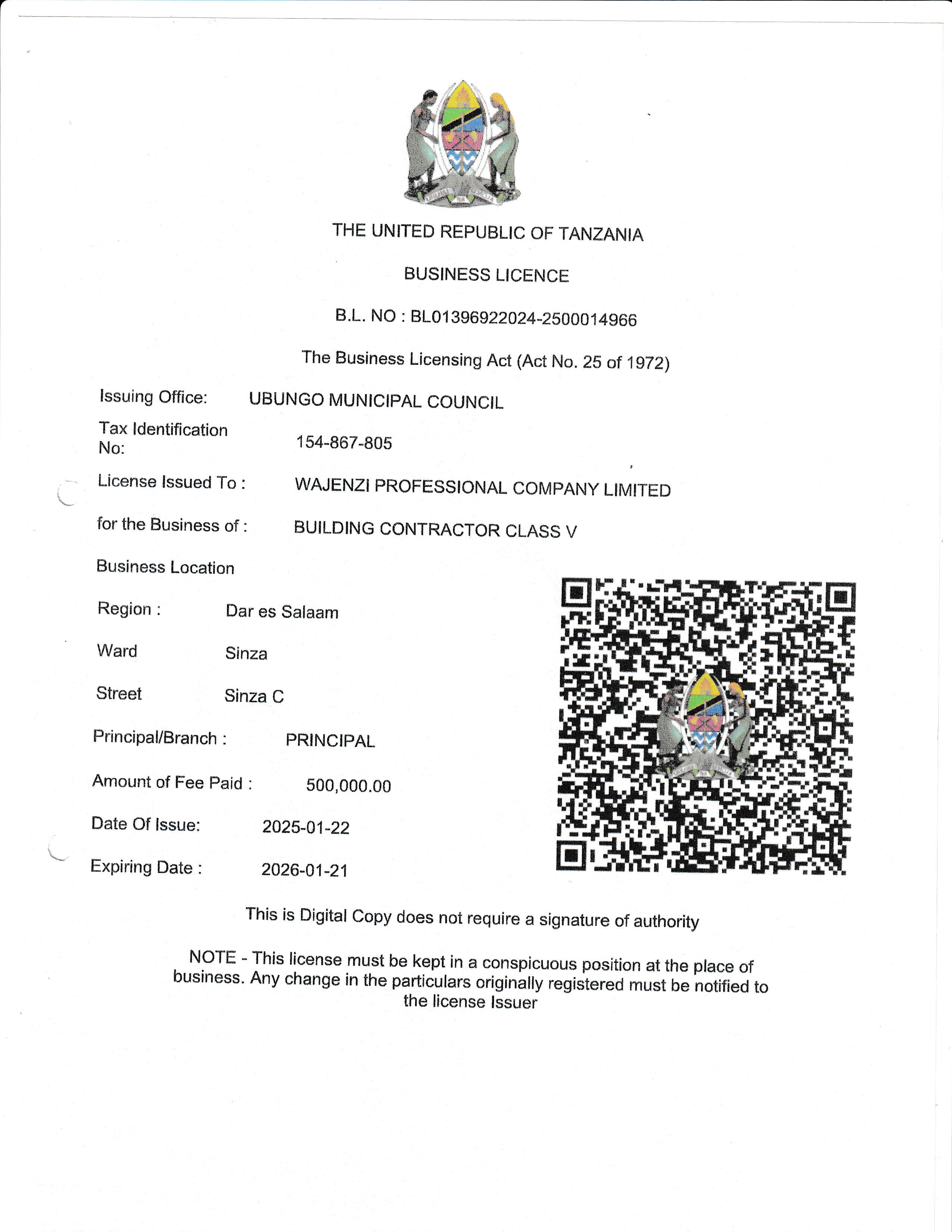 Local Government Taus Business Licence Certificate